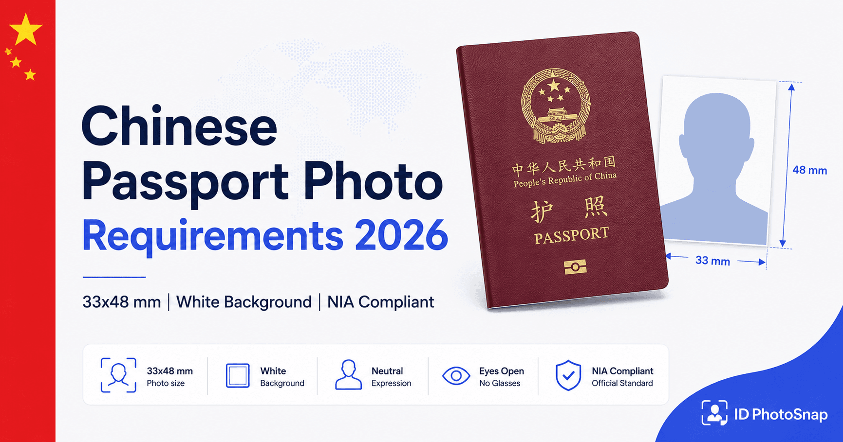 China visa photo 2026 requirements: 33x48mm size, plain white background, no glasses since 2016, neutral expression, COVA online portal upload, country-specific notes for foreign applicants from India, Indonesia, Russia, the US, the UK, and Africa
