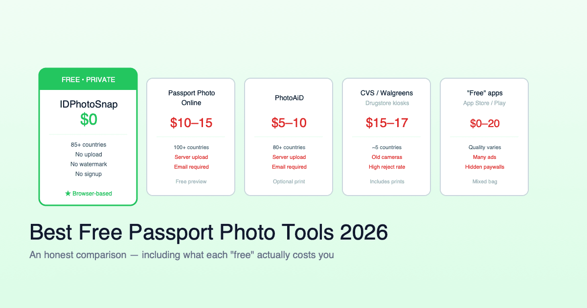 Comparison of passport photo apps: IDPhotoSnap (free, browser-based), Passport Photo Online ($10-15), PhotoAiD ($5-10), drugstore kiosks ($15-17), free apps with ads