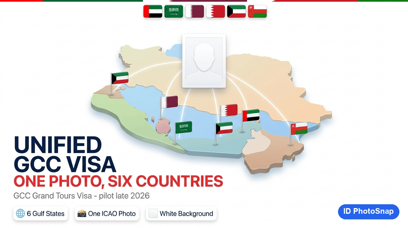 Unified GCC Grand Tours Visa 2026 infographic: one ICAO white-background photo for the UAE, Saudi Arabia, Qatar, Bahrain, Kuwait, and Oman.