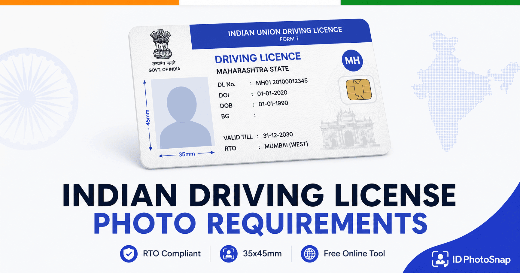 Indian driving license photo 2026 requirements: 35x45 mm size, plain white background, RTO and Sarathi/Parivahan portal compliance, file size 20-50 KB for online upload