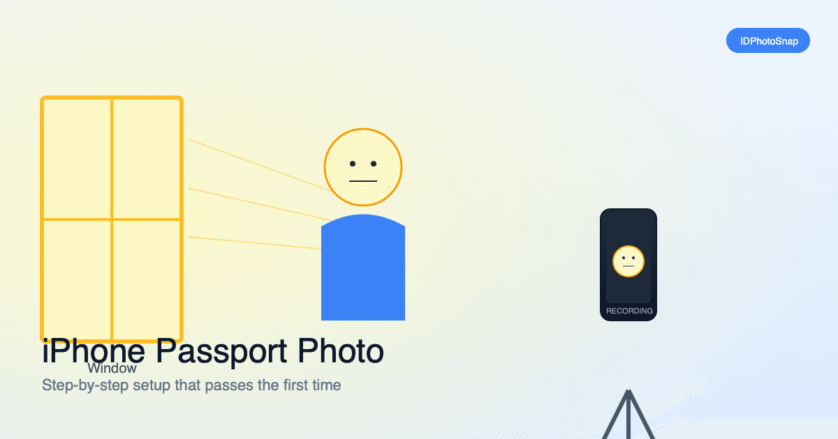 iPhone passport photo setup - phone on tripod, person facing window with natural light, plain wall behind