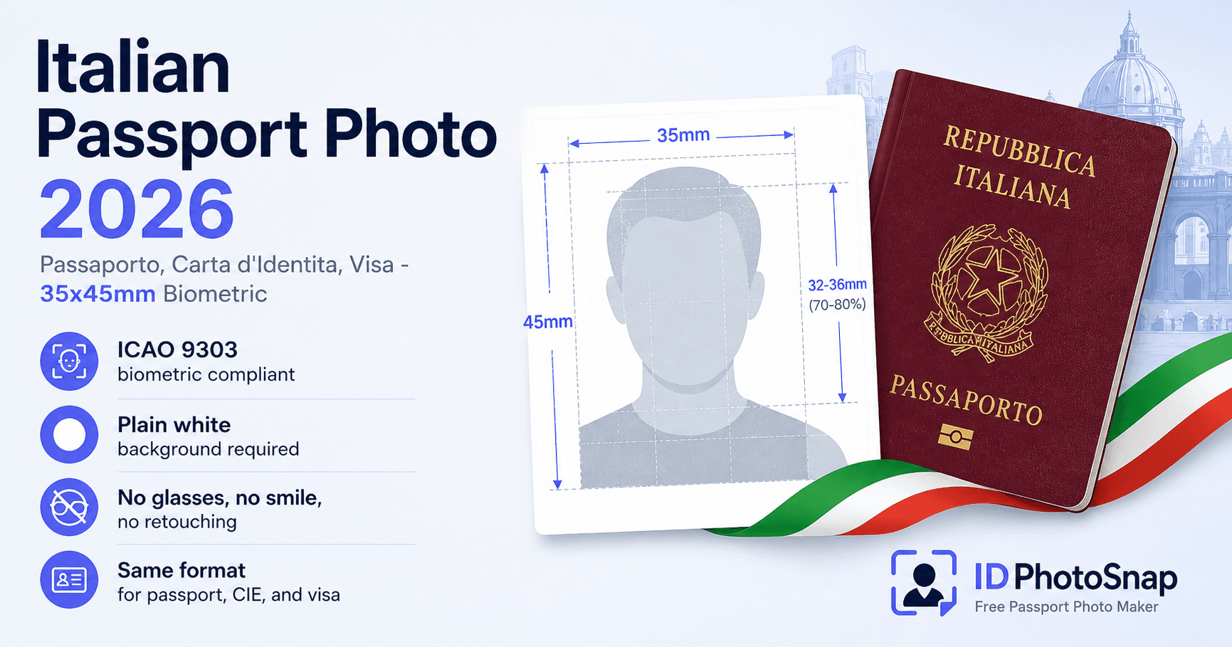 Italian passport photo 2026 explainer: passaporto, carta d'identita, and visa requirements, 35x45mm biometric specifications, ICAO 9303 compliance, plain white background