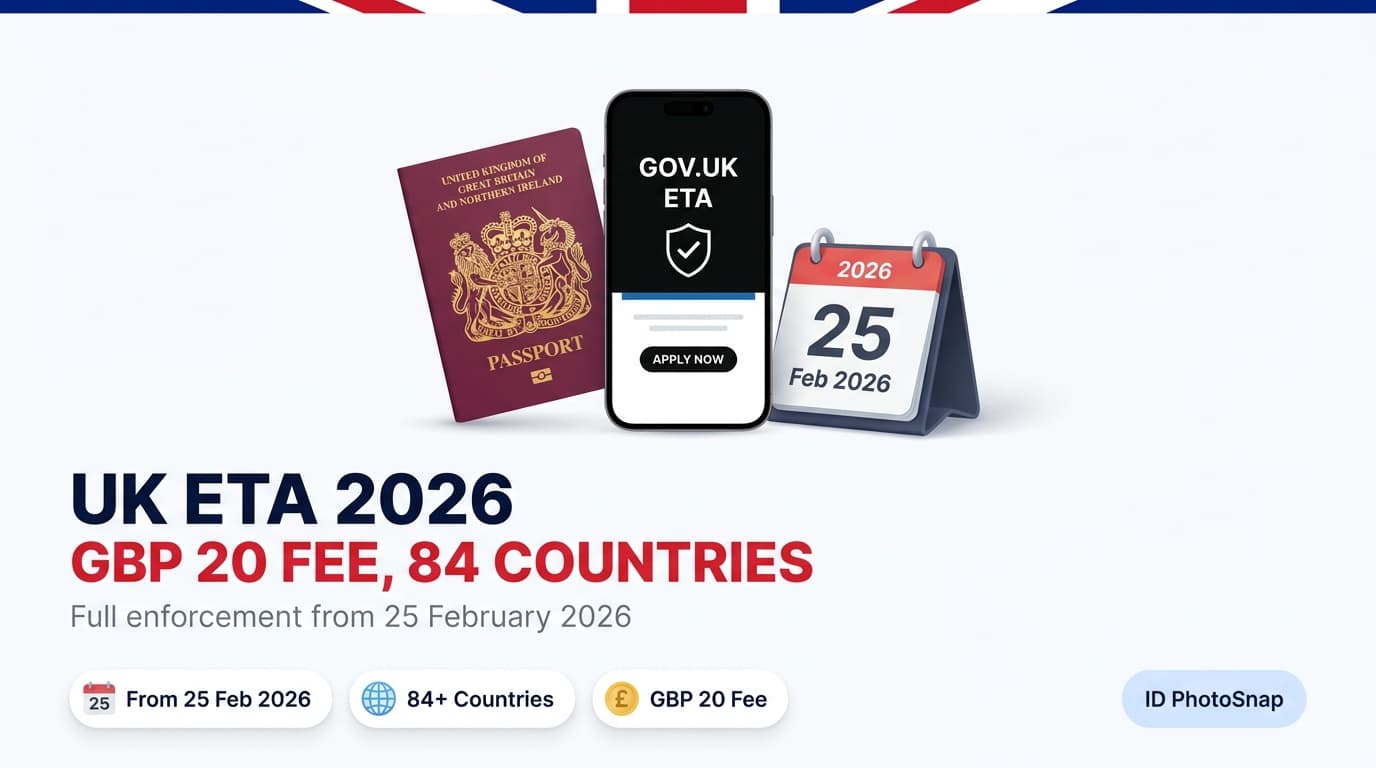 UK ETA 2026 update cover: Union Jack stripe, stylized British passport and smartphone with GOV.UK ETA app, calendar with February 2026 enforcement date, badges for 84+ countries, GBP 20 fee, and full enforcement from 25 Feb 2026.