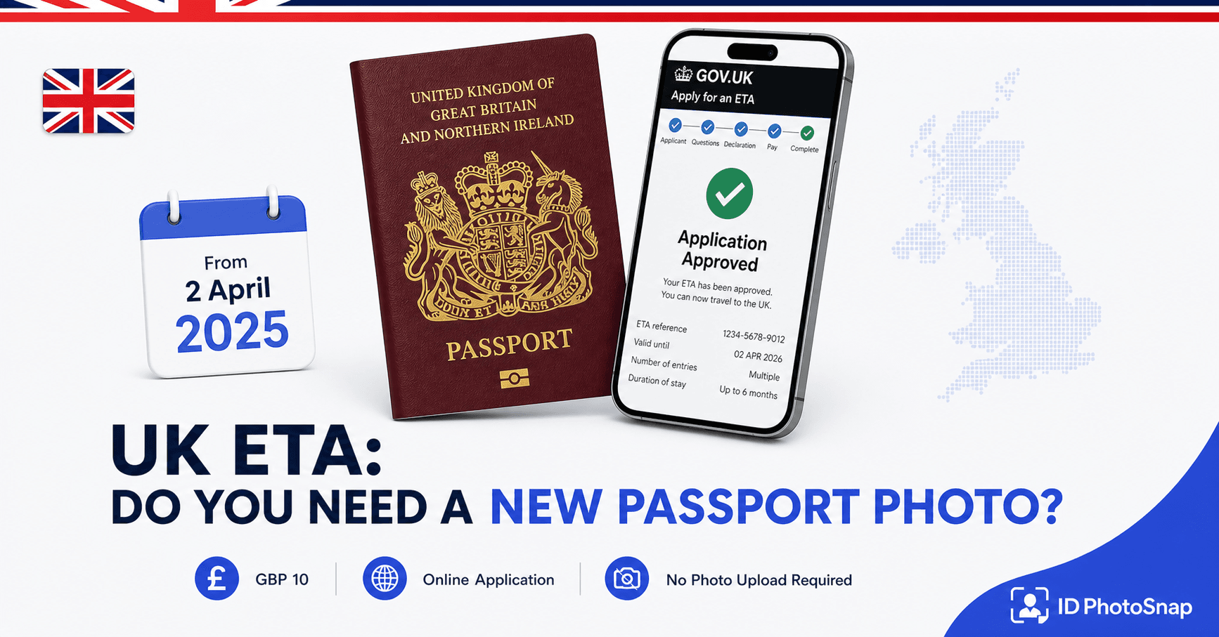 UK ETA Electronic Travel Authorisation 2026 explainer: GBP 16 application, GOV.UK ETA app, live selfie not passport photo, EU/EFTA from April 2025, comparison with EES and ETIAS