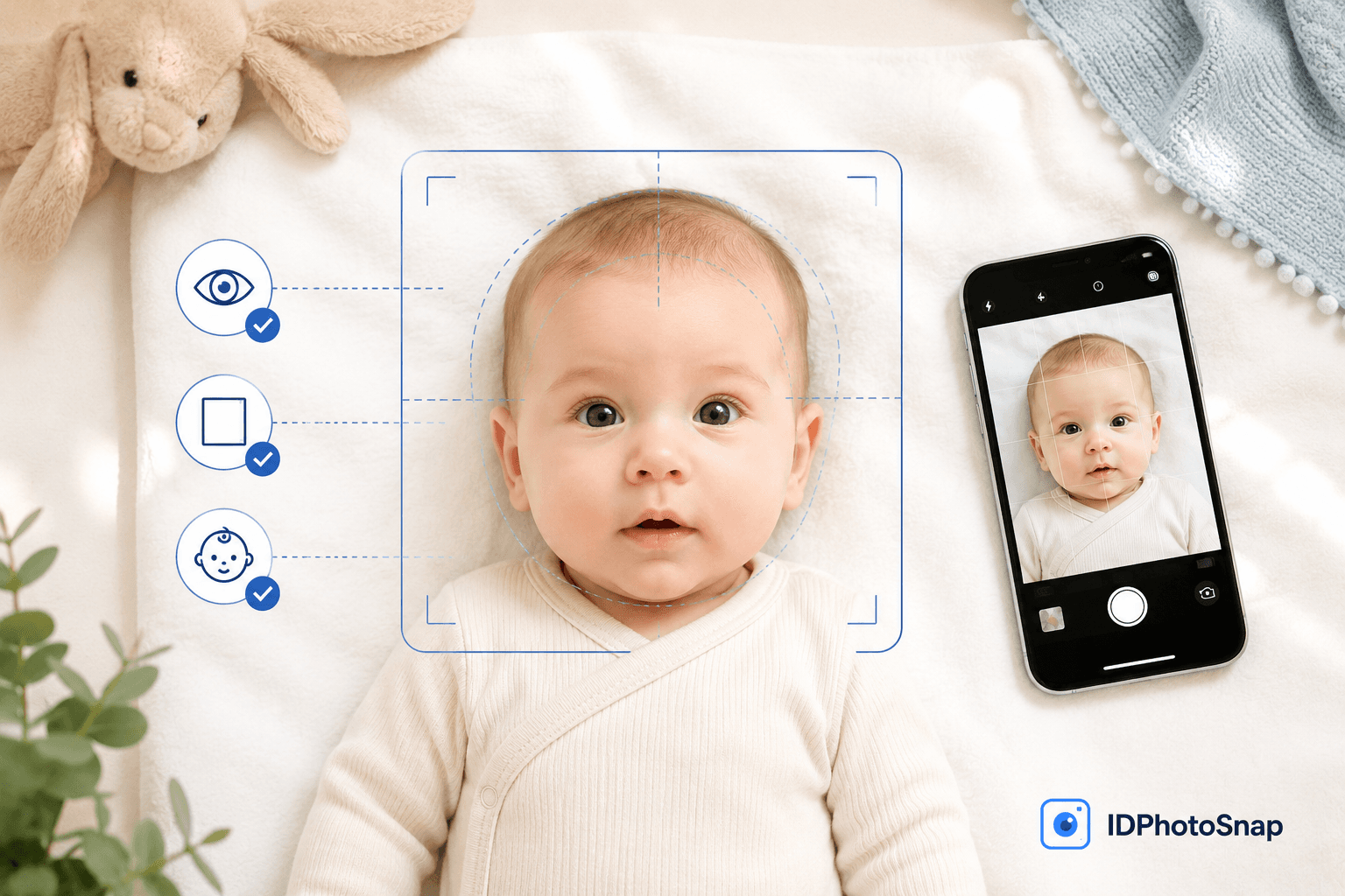 Baby passport photo at home guide 2026 infographic: eyes-closed allowance for newborns, shoot from above, no hands in frame.