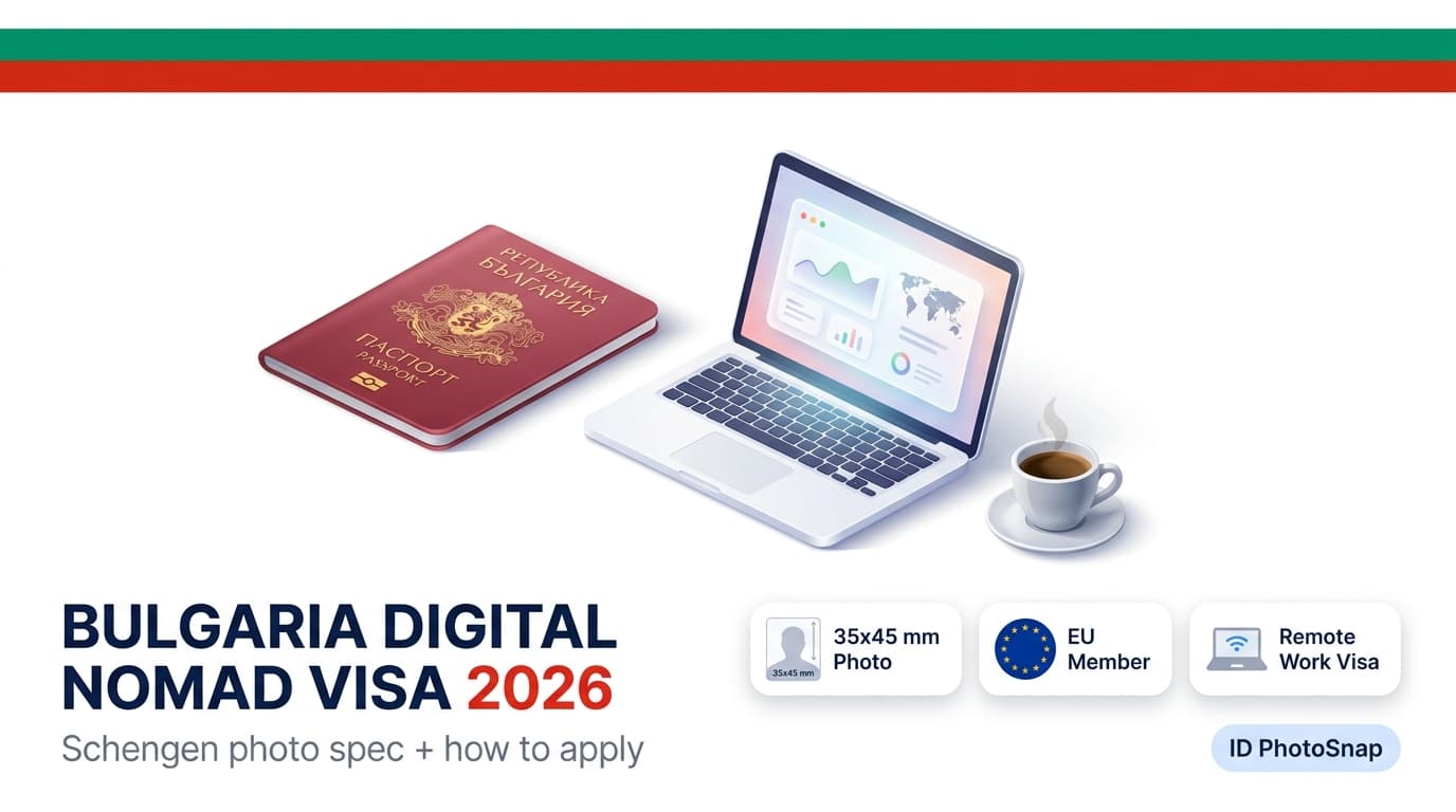 Bulgaria Digital Nomad Visa 2026 infographic cover: white-green-red flag stripe, stylized Bulgarian passport with EU stars, open laptop and espresso, badges for 35x45 mm Schengen photo spec, EU membership, and remote work visa.