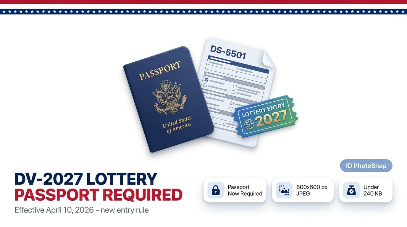 DV-2027 Diversity Visa lottery cover: US flag stripe, stylized US passport, DS-5501 entry form, and lottery ticket, badges for new passport requirement, 600x600 px JPEG spec, and 240 KB file-size cap effective April 10, 2026.