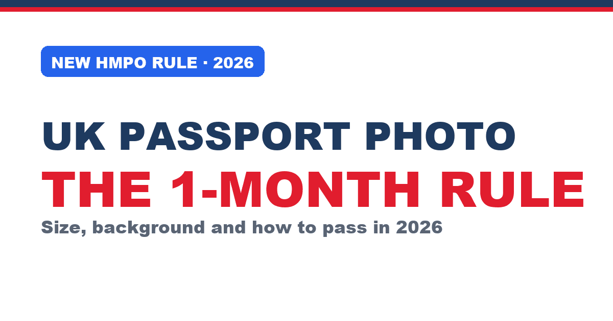 UK passport photo requirements 2026: photo must be taken within the last month, 35x45 mm, plain light-grey background, neutral expression.