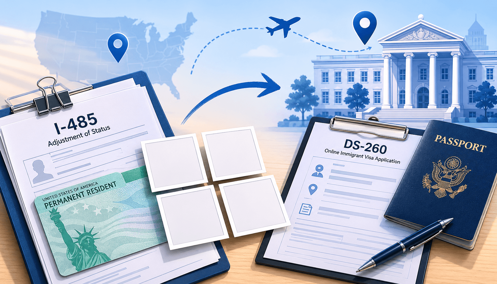 USCIS May 2026 policy reversal explainer: I-485 Adjustment of Status form on the left (with US map and Permanent Resident card), a dotted flight path arching to the right where Form DS-260 (Online Immigrant Visa Application) and a US passport sit on a clipboard in front of a stylised US embassy building - illustrating that most Green Card applicants are redirected to consular processing in their home country, where a 2x2 inch / 240 KB visa photo is required.
